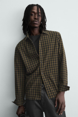ZARА РУБАШКА RELAXED FIT В КЛЕТКУ, ТЕМНО-КОРИЧНЕВЫЙ
