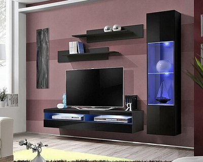 Модульная гостиная Лана 9 МДФ (черная) 210*40*170 см, Черный, Черный МДФ   Фиеста