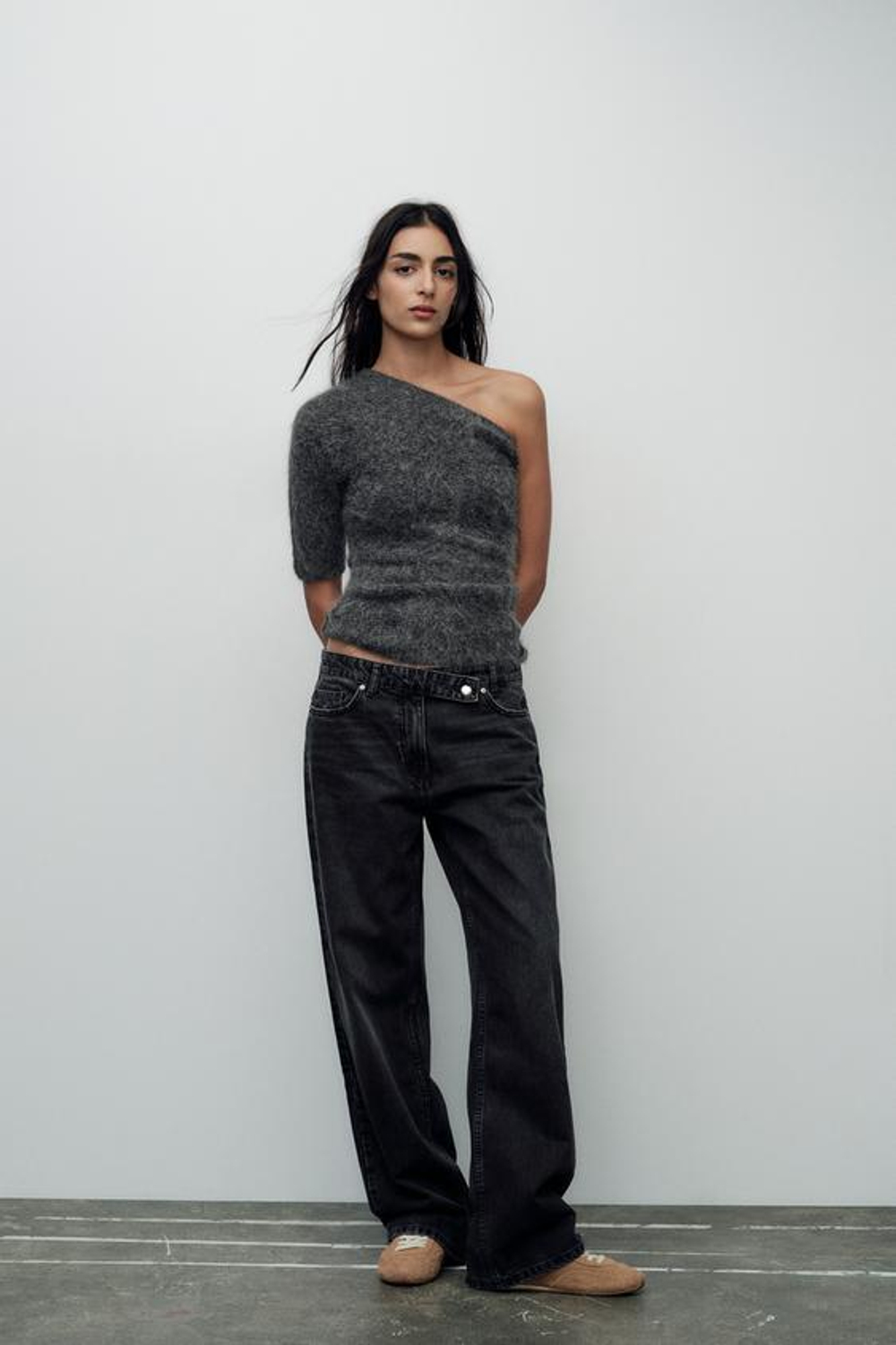 ZARA ТОП АСИММЕТРИЧНОГО КРОЯ ИЗ ШЕРСТИ АЛЬПАКИ, СЕРЫЙ