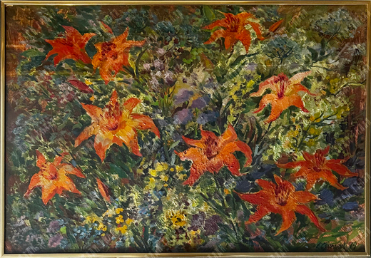 Сухомлинова Е. С. Лилии цветут. Масло. 1974 г.