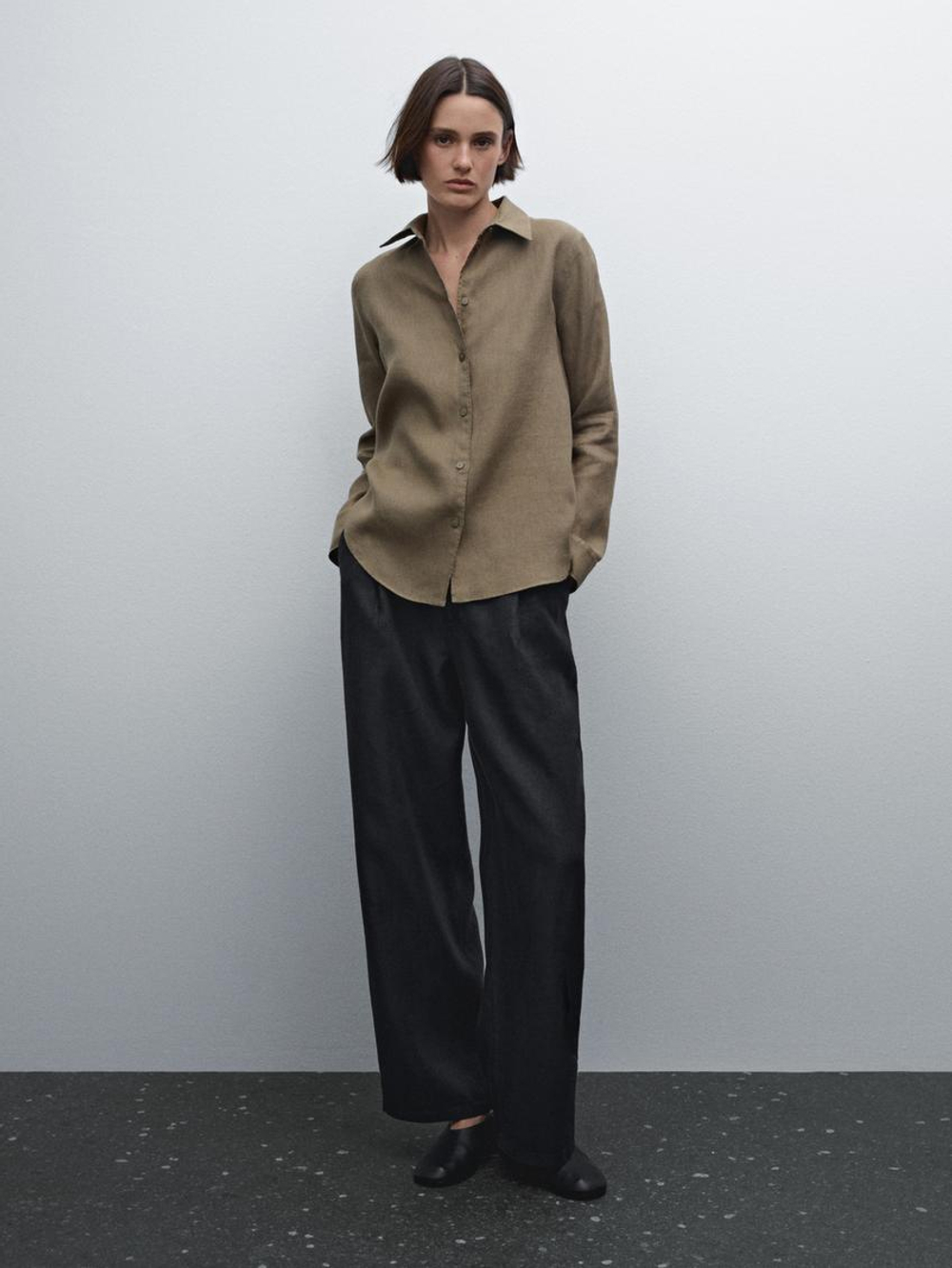 Massimo Dutti Рубашка из струящегося 100% льна, светло-зеленый