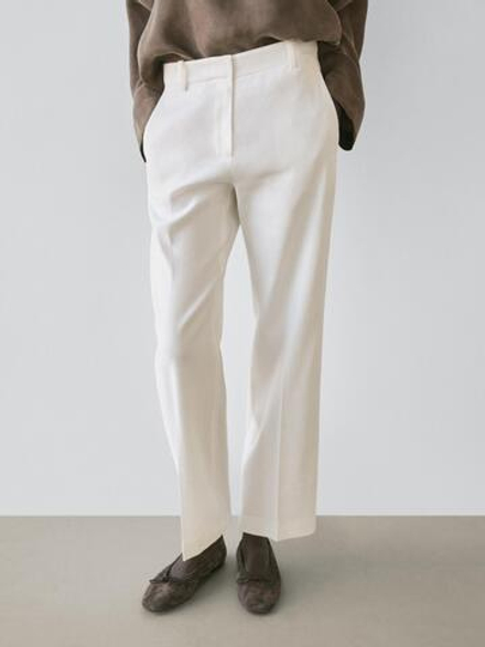 Massimo Dutti Брюки прямого кроя из смесового льна, белый