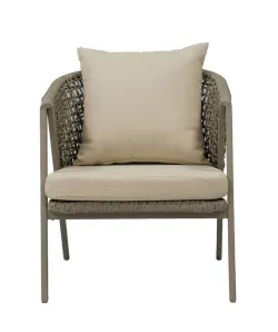 "Амстердам" кресло плетеное из роупа, каркас алюминий, роуп серый круглый, ткань бежевая