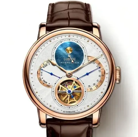 Часы наручные механические с автоподзаводом ПРЕМИУМ LOBINNI на кожаном ремешке, золотистый/коричневый W9420-02