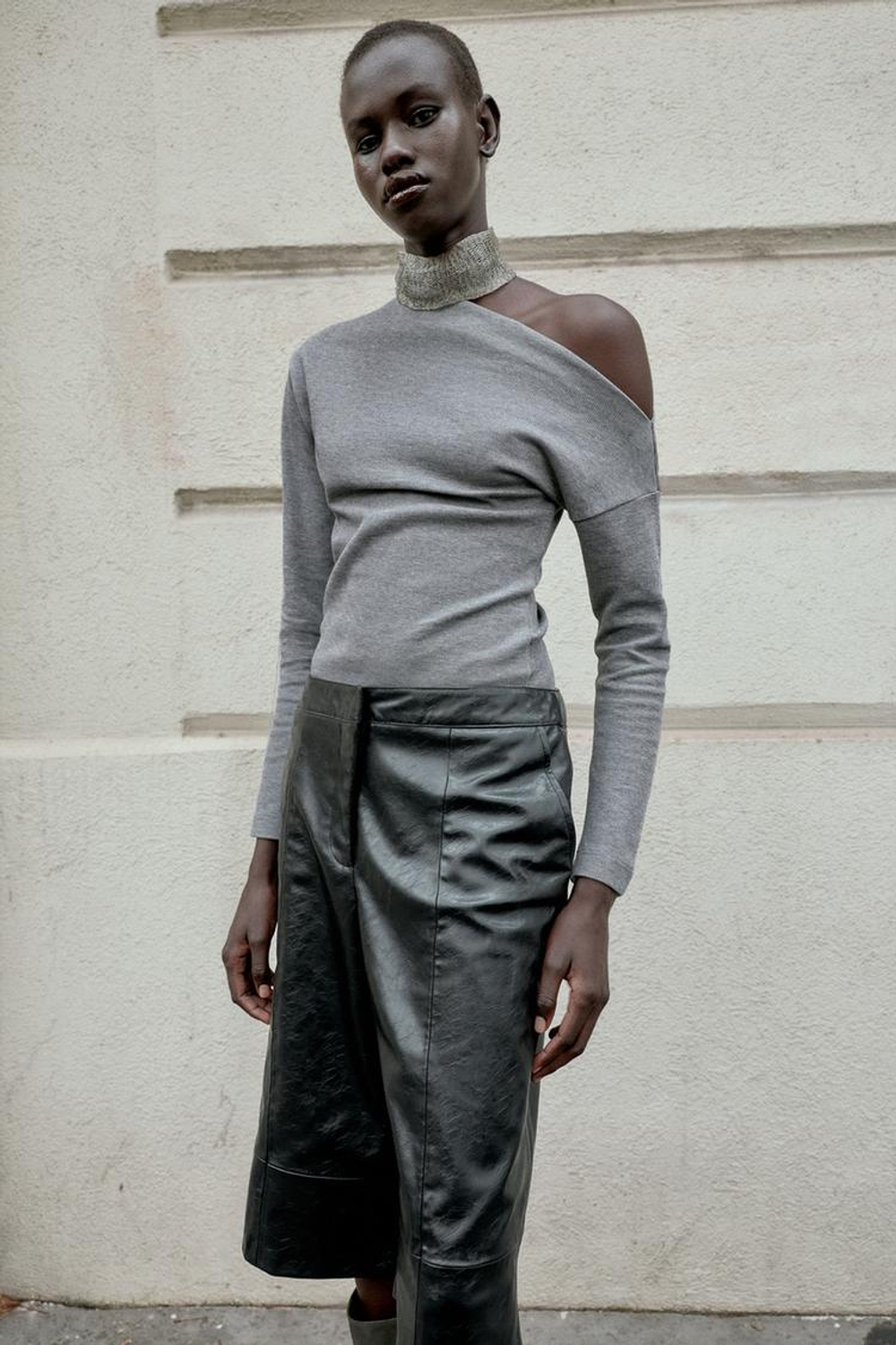 ZARA ТОП АСИММЕТРИЧНОГО КРОЯ ИЗ МЯГКОЙ ТКАНИ, СЕРЫЙ МЕЛАНЖ