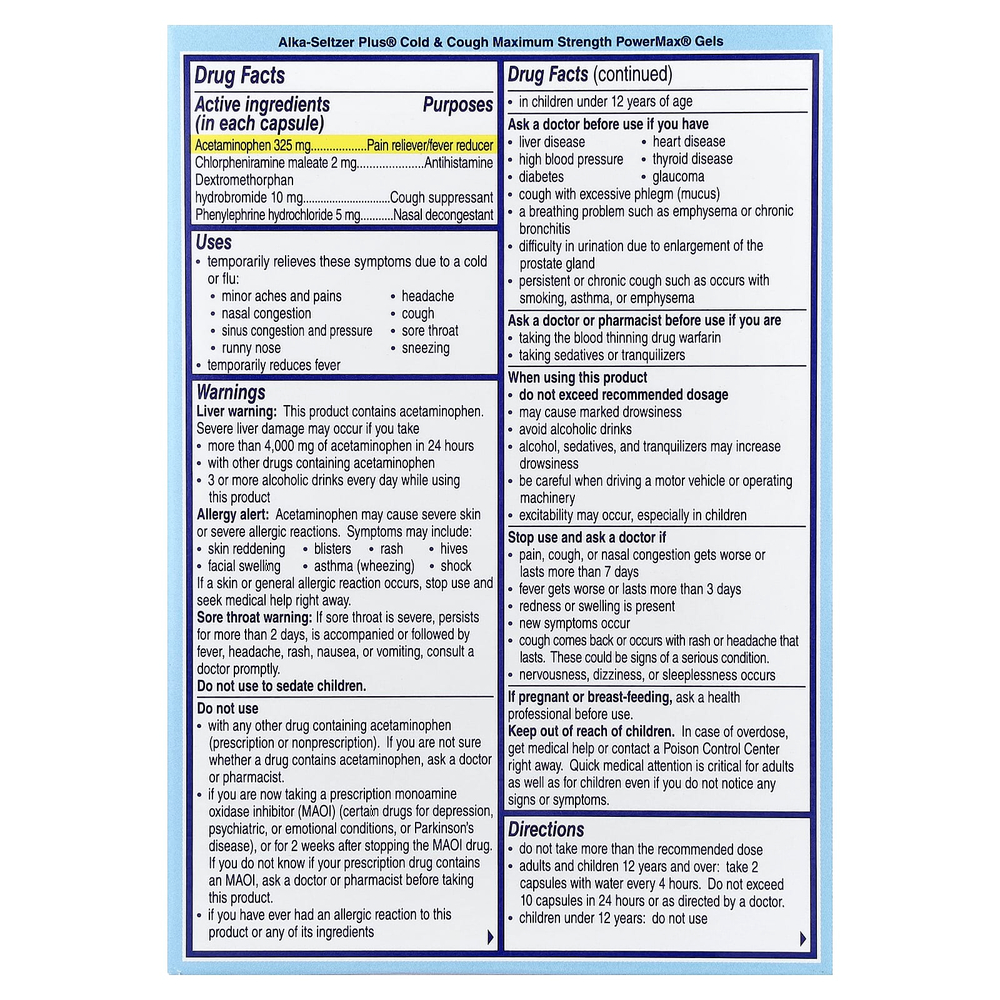 Alka-Seltzer Plus, PowerMax® Gels, капсулы от простуды и кашля, 24 капсулы с жидкостью