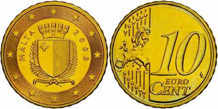 Мальта 10 евроцентов, 2008 - 2025 Герб XF