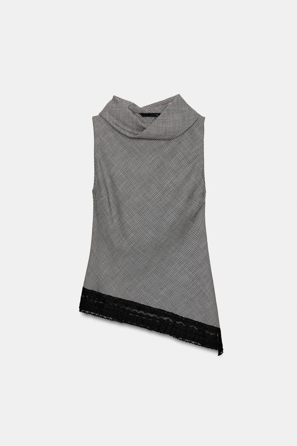 ZARA ТОП С УЗОРОМ «ГУСИНАЯ ЛАПКА», АСИММЕТРИЧНЫЙ НИЗ И КРУЖЕВО, ЧЕРНЫЙ/ЭКРЮ