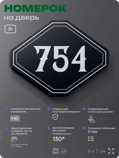 Номерок на дверь квартиры 754, для кабинета, офиса, шильдик 9 х 7 см, черный, Айдентика Технолоджи