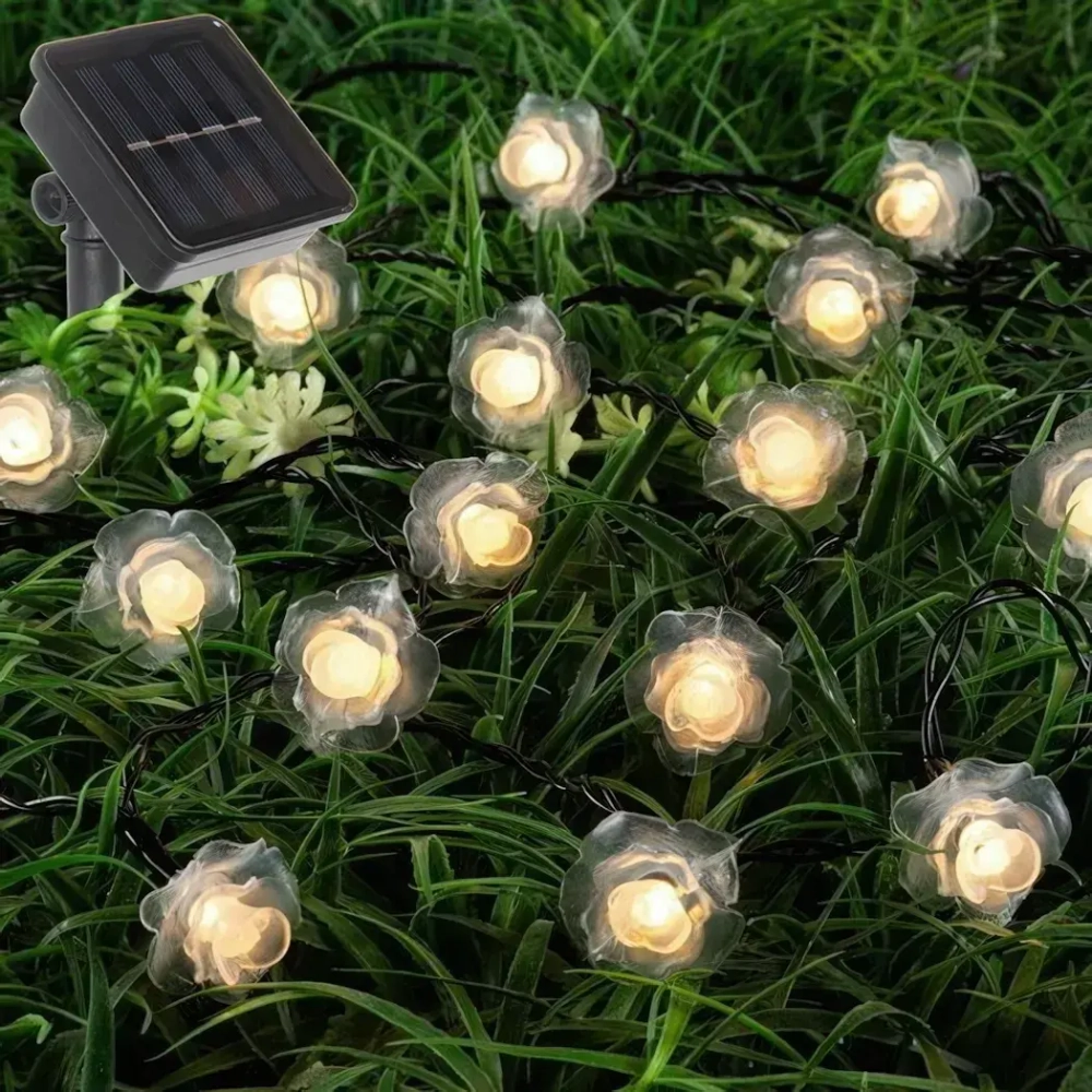 Гирлянда для улицы «Нежный цветок» 3 м 20 ламп LED чёрный провод, 2 реж.,IP-55, Теплый белый (солнечная батарея)
