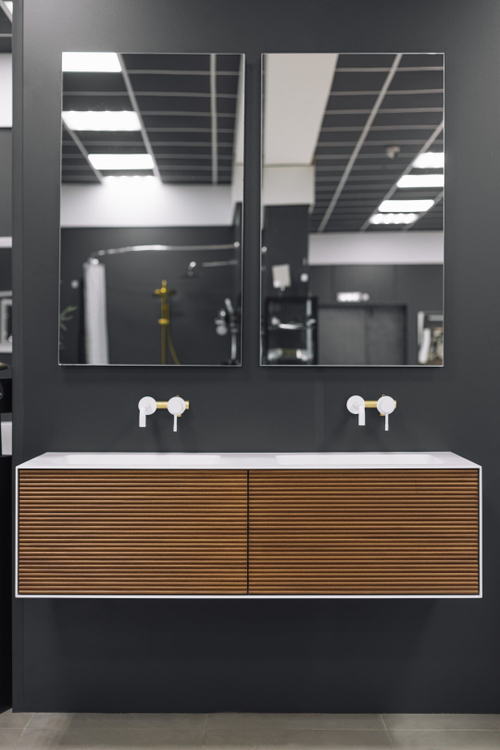 Armadi Art MINIMAL Тумба 140см цвет AYOUS + FUGA WHITE ACRYLIC COUNTER интен.подсветка+2 раковины