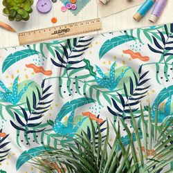 Ткань поплин водоросли и головастики на бежевом фоне