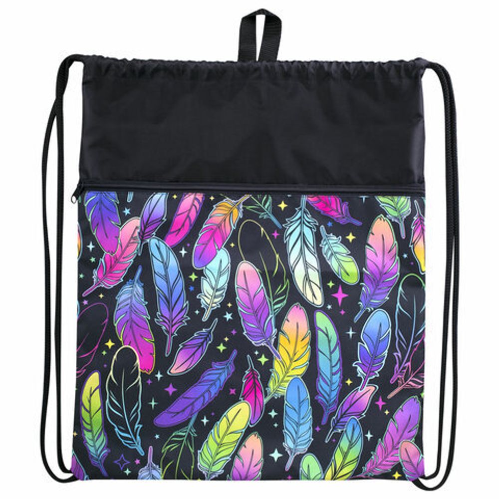 Мешок для обуви BRAUBERG БОЛЬШОЙ, с ручкой, карман на молнии, сетка, 51х41 см, "Feathers", 271057