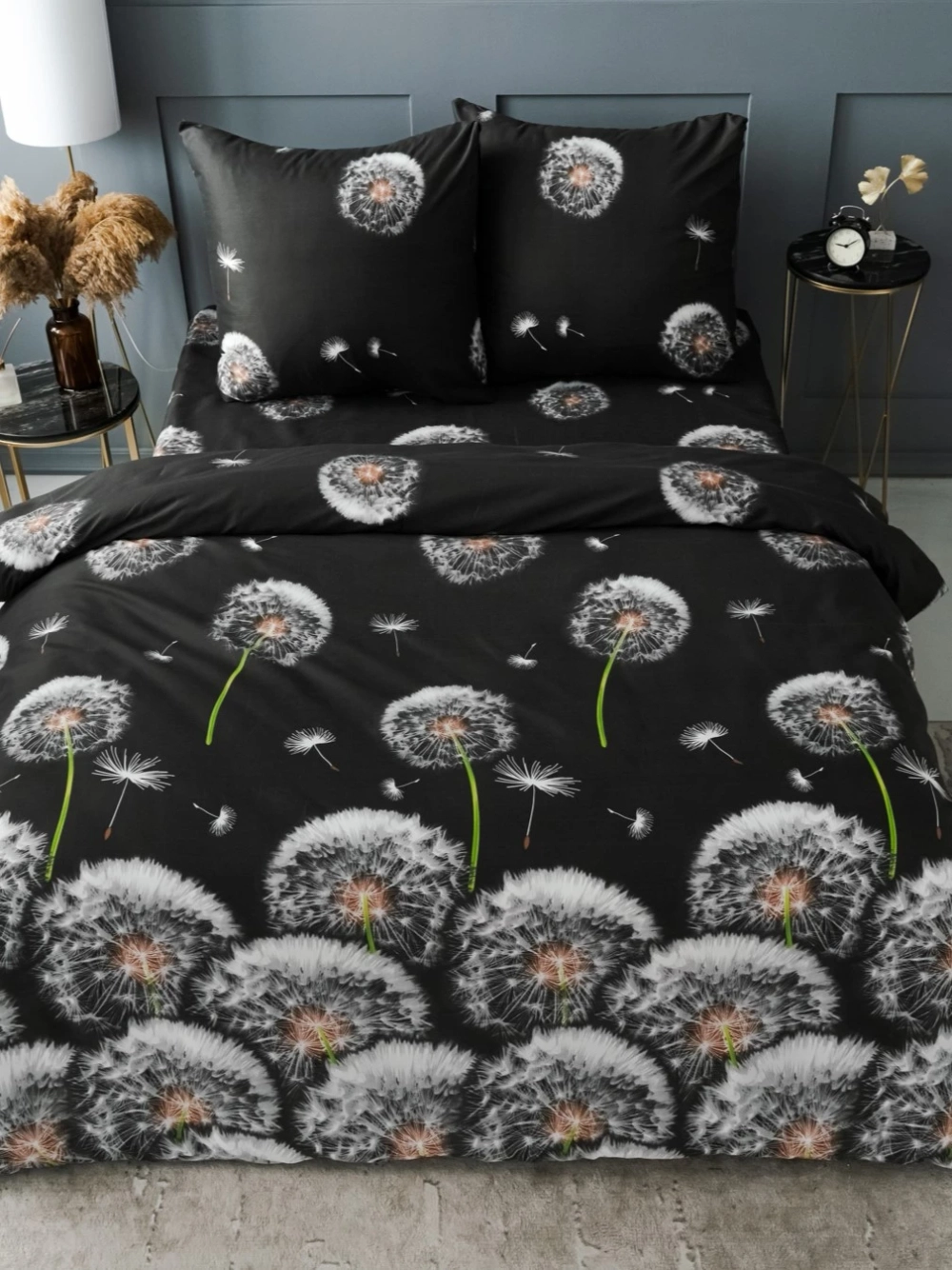 Постельное белье Евро Макси полисатин «Павлайн» , Одуванчики черный