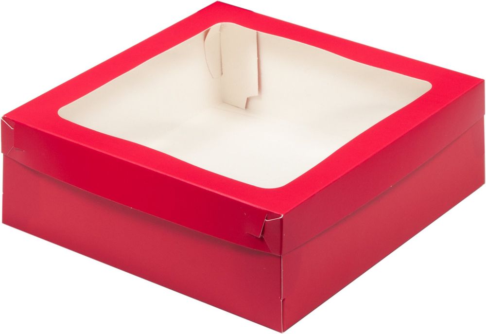 Коробка для зефира, тортов и пирожных со съемной крышкой и окном 200*200*70мм (красная мат.)НОВИНКА