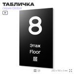 Табличка с номером Этаж 8, на дверь и стену, информационная и мультиязычная (русский, английский, китайский), серия GLOBAL, 25х15 см, Айдентика Технолоджи