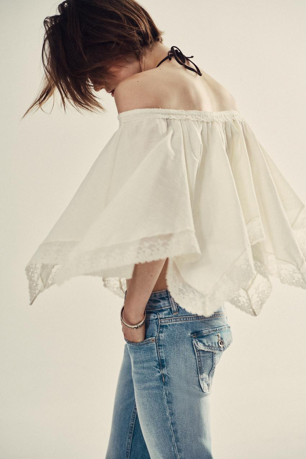 ZARA ТОП-НАКИДКА С КРУЖЕВОМ, ЭКРЮ