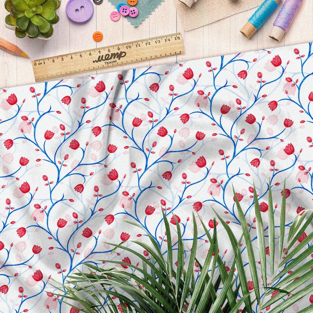 Ткань штапель узорные веточки с красными цветами