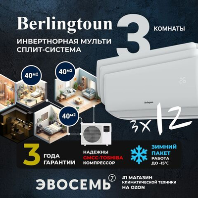 Инверторная мульти сплит-система Berlingtoun на 3 комнаты (40м2x3) BMO-36/4AIN1/BMI-12AIN1x3