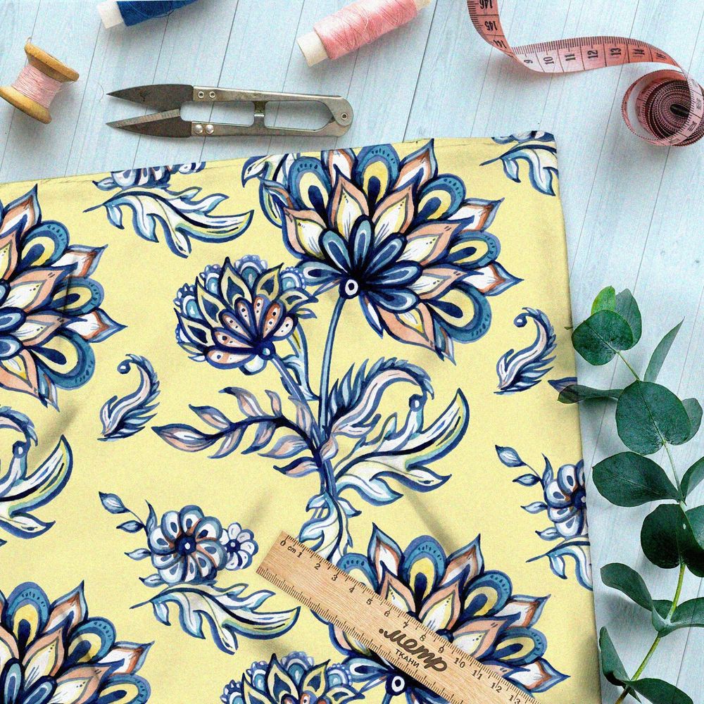 Ткань бязь расписные цветы на жёлтом фоне