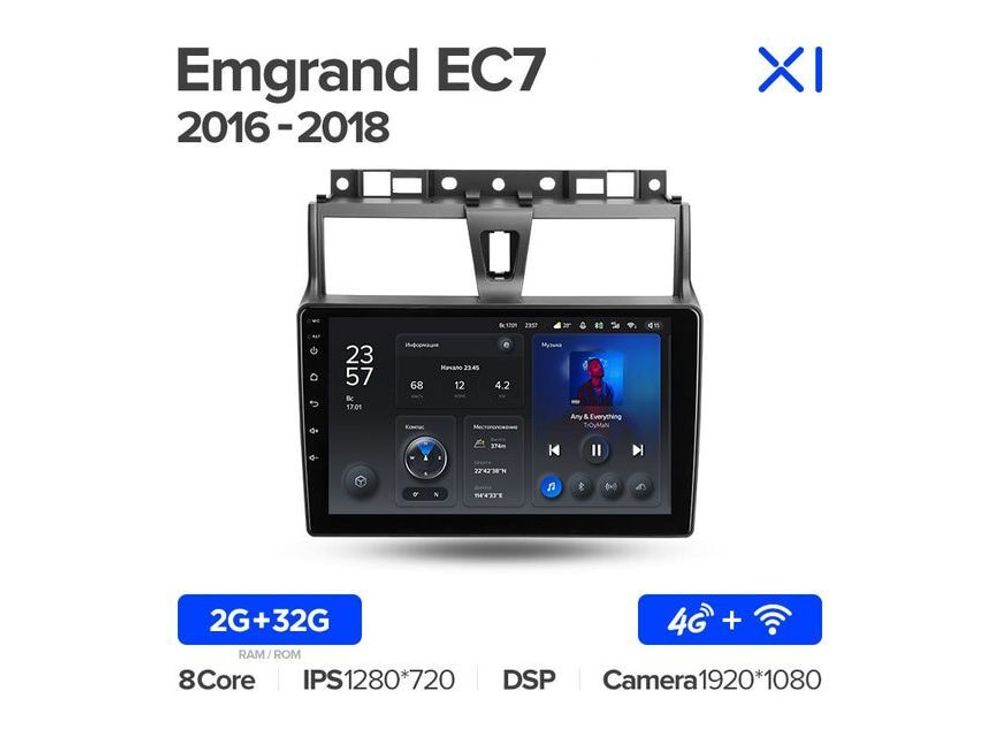 Магнитола Teyes X1 2-32 Wi-Fi + 4G Geely Emgrand EC7 1 2016 — 2018 9.0&quot;