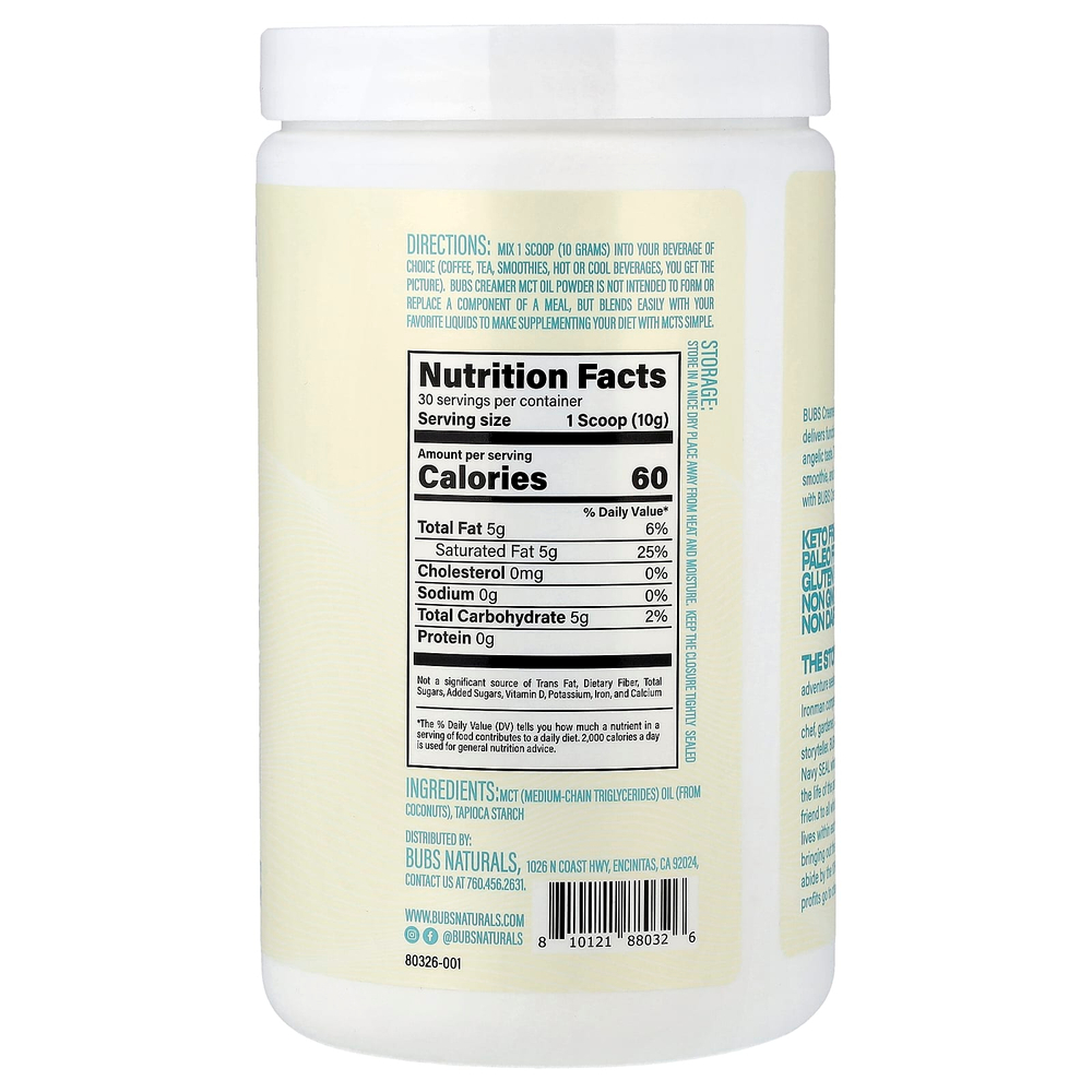 BUBS Naturals, Bubs Creamer, масло MCT в порошке, без добавок, 300 мг (10,6 унции)