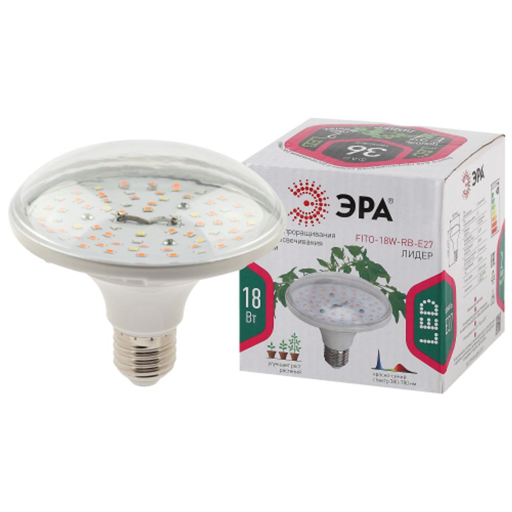 Фитолампа для растений светодиодная ЭРА FITO-18W-RB-E27 красно-синего спектра 18 ВТ Е27