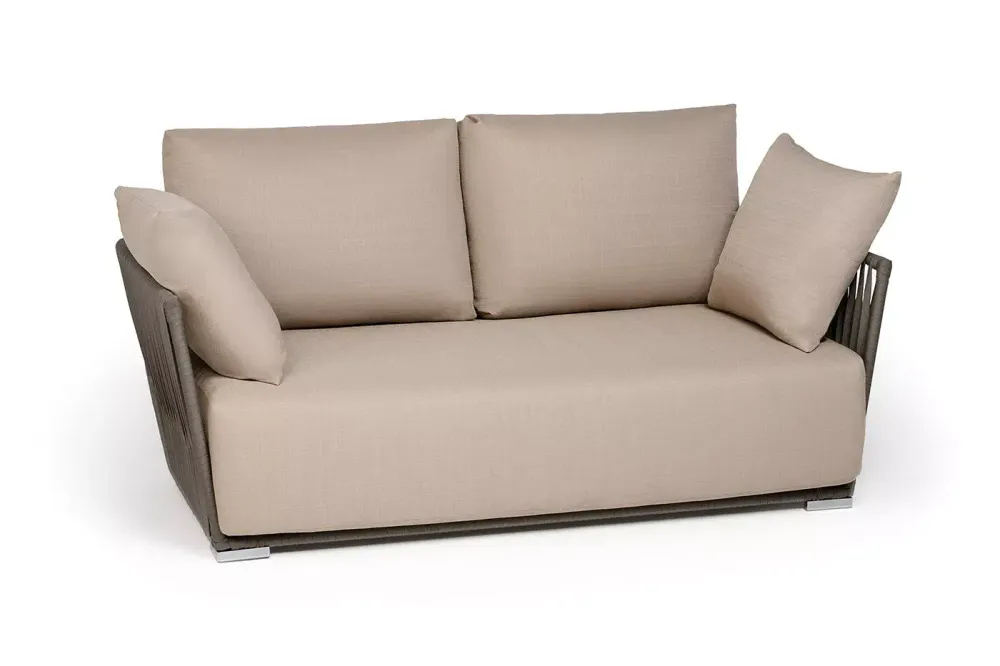 "Форли" диван 2-местный плетеный из роупа, каркас алюминий светло-серый (RAL7035) муар, роуп серо-коричневый 23мм, ткань Mossle бежевая