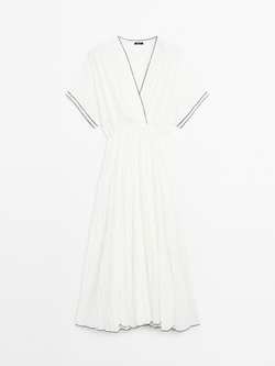 Massimo Dutti Длинное платье со складками и контрастной отделкой, белый