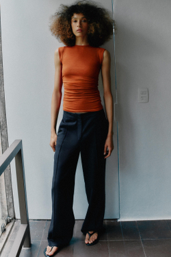 ZARA ТОП С БОКОВЫМИ СБОРКАМИ, ЦВЕТ ЖЖЕНОГО АПЕЛЬСИНА