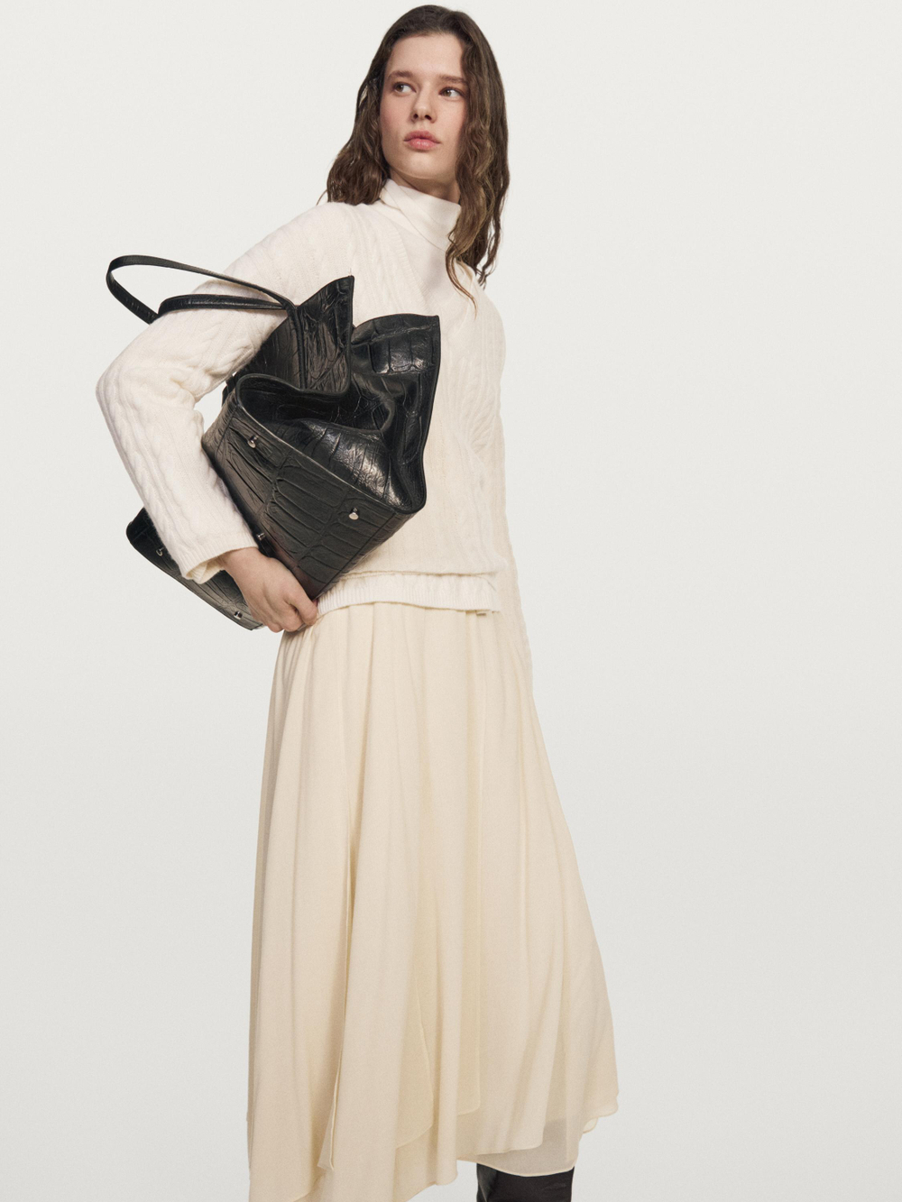 Massimo Dutti Струящаяся юбка миди с оборками, кремовый