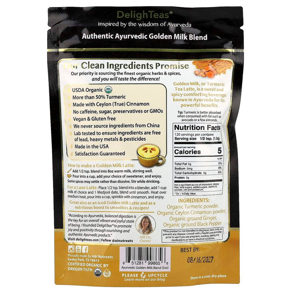 DelighTeas, Ayurvedic Golden Milk Blend, латте с чаем с куркумой, без кофеина, 140 г (5 унций)