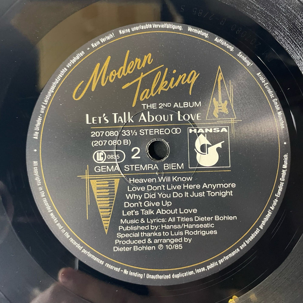 Винтажная виниловая пластинка LP Modern Talking, Let's Talk About Love The 2nd Album (Германия 1985) Cheri Cheri Lady