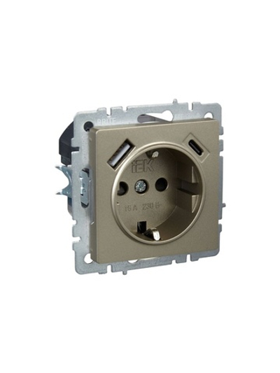 Розетка BRITE РЮш11-1-БрШ 16А с USB A+C 18Вт с заземл. защ. шторки механизм шампань IEK BR-R14-16-U22-018-K37