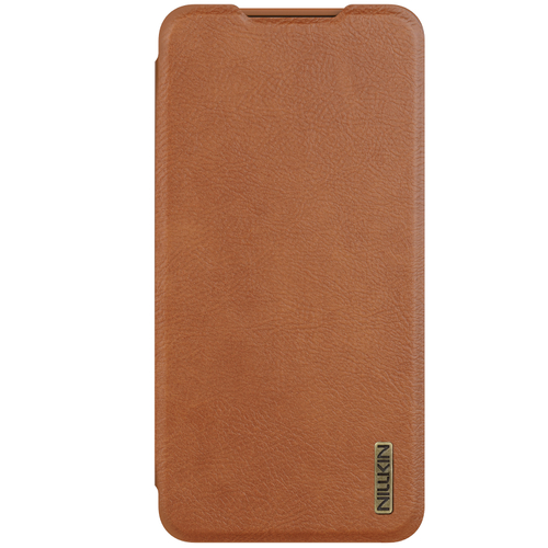 Кожаный чехол книжка коричневого цвета от Nillkin для смартфона Samsung Galaxy S25 Edge, серия Qin Pro Leather с сдвижной защитной шторкой для камеры