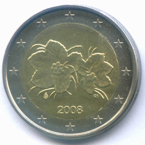 2 евро 2008 год. Финляндия. Регулярный выпуск. Тип 2. Биметалл XF-AU