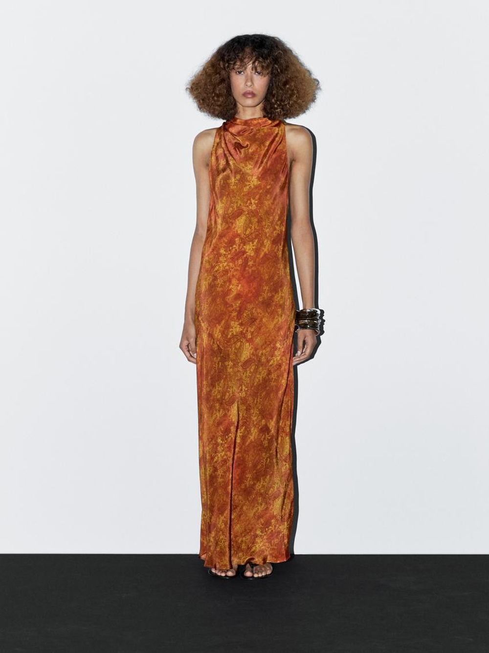 Massimo Dutti Длинное платье из струящейся ткани с принтом, оранжевый