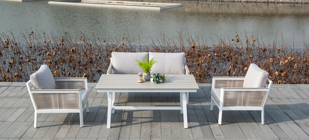 "Сан Ремо" диван 2-местный плетеный из роупа, каркас алюминий белый, роуп бежевый, ткань бежевая