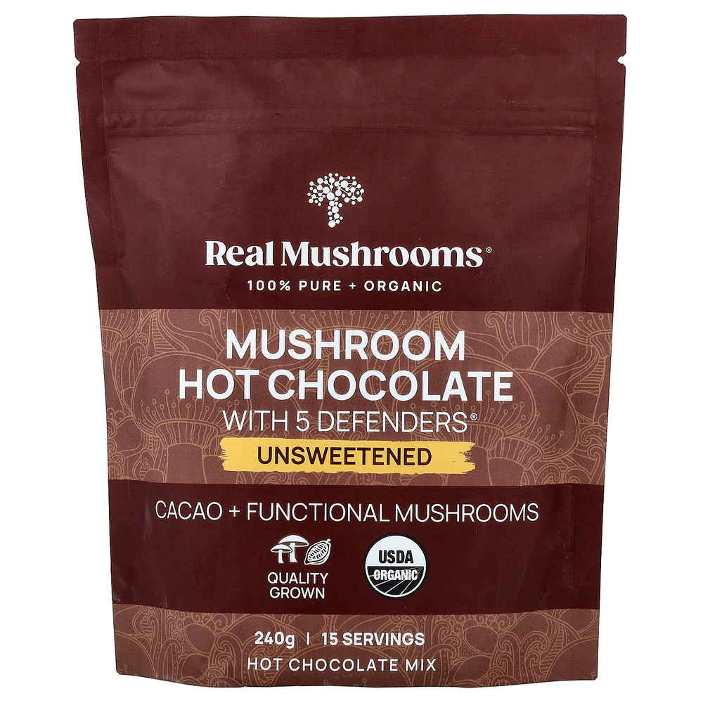 Real Mushrooms, горячий шоколад с грибами и 5 Defenders®, без сахара, 240 г