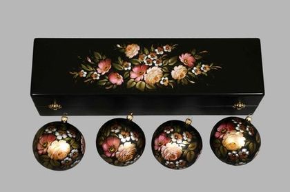 Zhostovo Christmas balls in wooden box - set of 4 balls SET04D-667785805