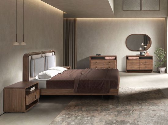 Кровать 7224 с обивкой из ткани бежевого и серого цвета