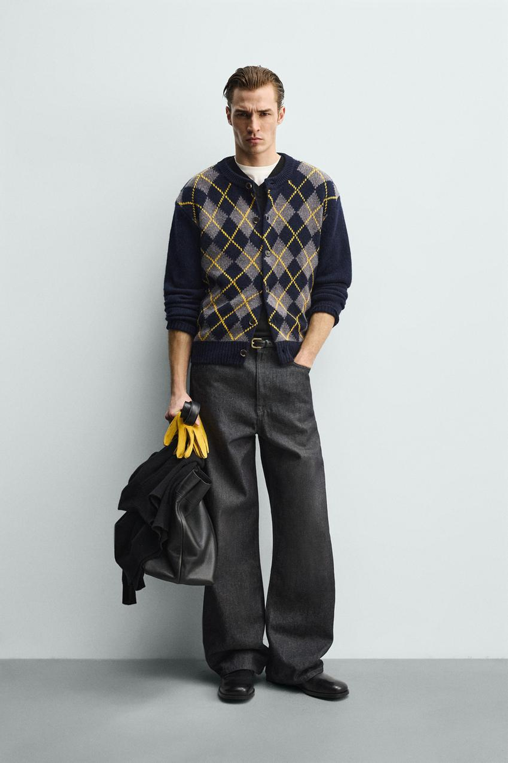 ZARA КАРДИГАН ИЗ 100% ШЕРСТИ С УЗОРОМ, СИНИЙ