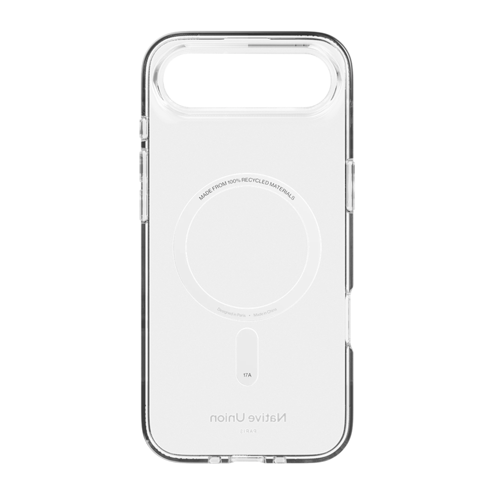 Прозрачный чехол MagSafe Native Union (Re)Clear Case для iPhone Air Глянцевый гибридный чехол из переработанного пластика, повышенным уровнем защиты при падении и вырезом для Контроллера камеры. Производителем заявлена устойчивость к пожелтению