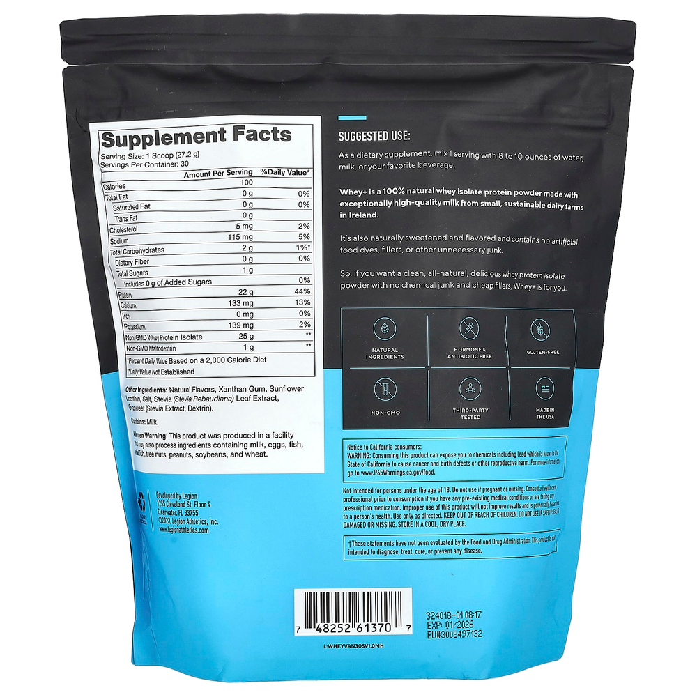 Legion Athletics, Whey +, порошок из сывороточного протеина, французская ваниль, 816 г (1,8 фунта)
