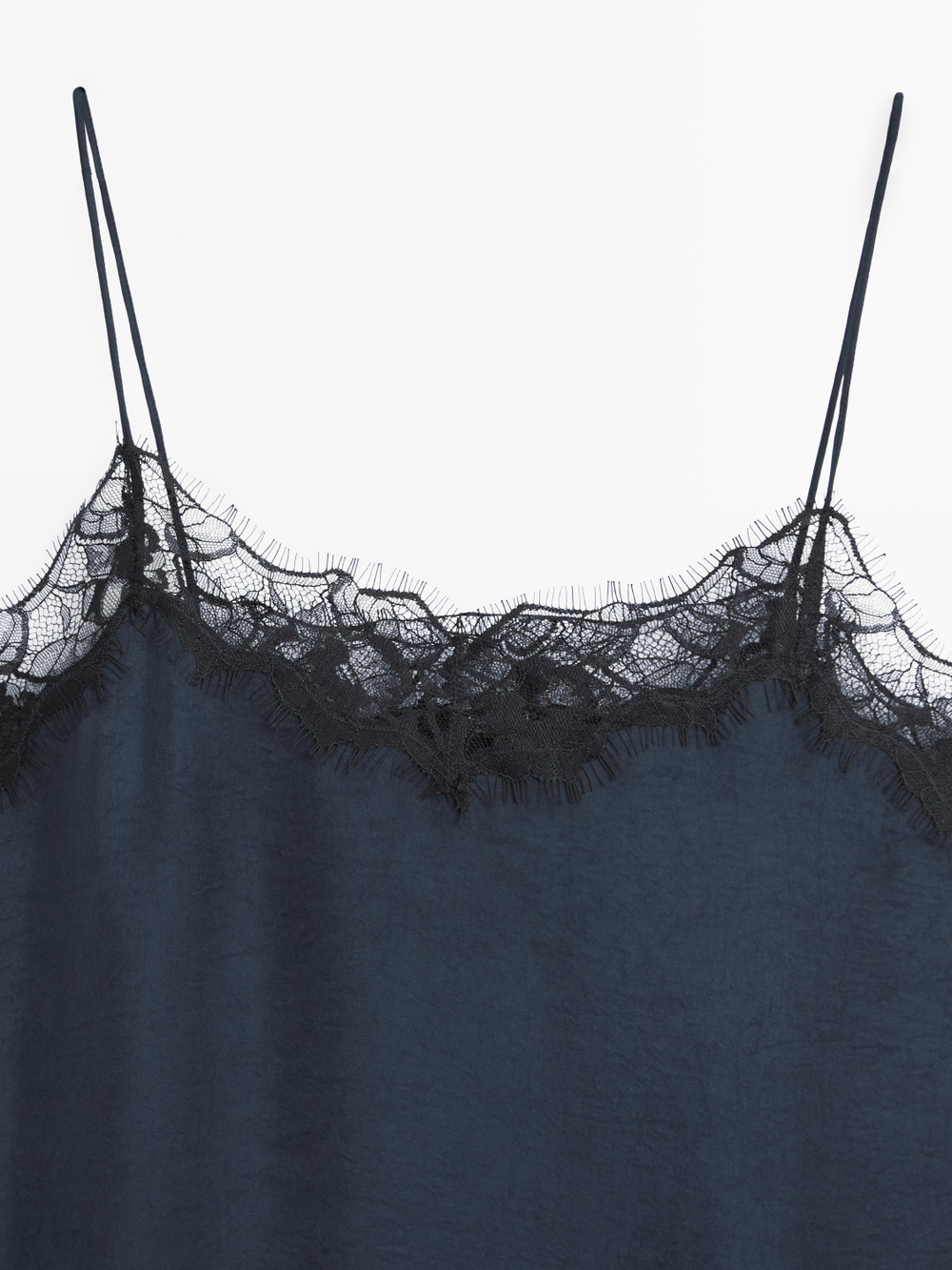 Massimo Dutti Топ в бельевом стиле с контрастной отделкой кружевом, темно-синий