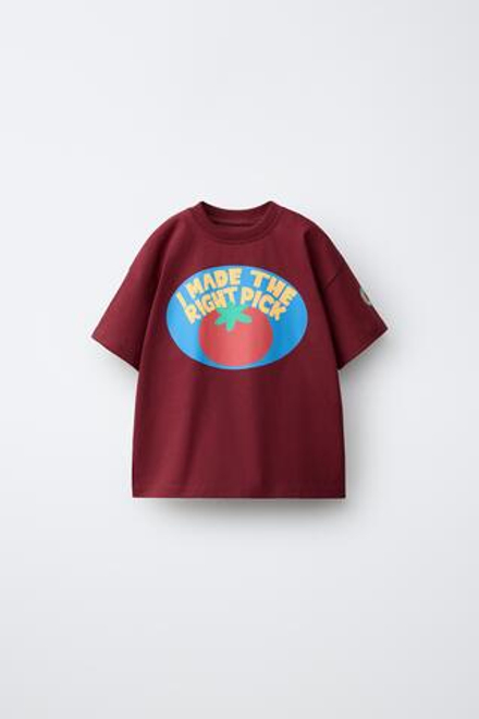 ZARA ФУТБОЛКА С ПРИНТОМ ФРУКТОВ, ТЕМНО-БОРДОВЫЙ