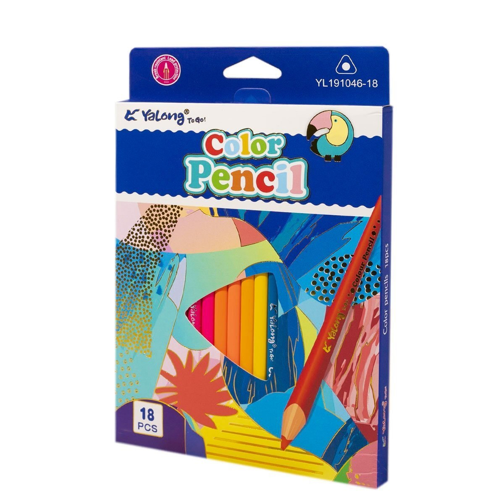 Карандаши цветные Yalong 18 цв., "Birds" деревянные, трехгранные, заточенные, грифель 2.8 мм, картон. уп., европодвес