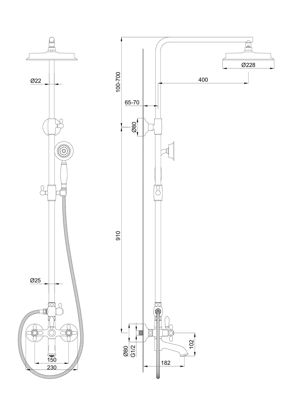 Душевая система WONZON & WOGHAND RETRO, Глянцевое золото (WW-88739020-PG)