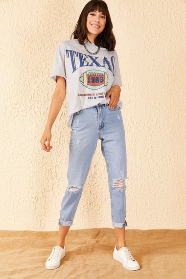 Qadın üçün Mom Stile mavi cins şalvar 10701005