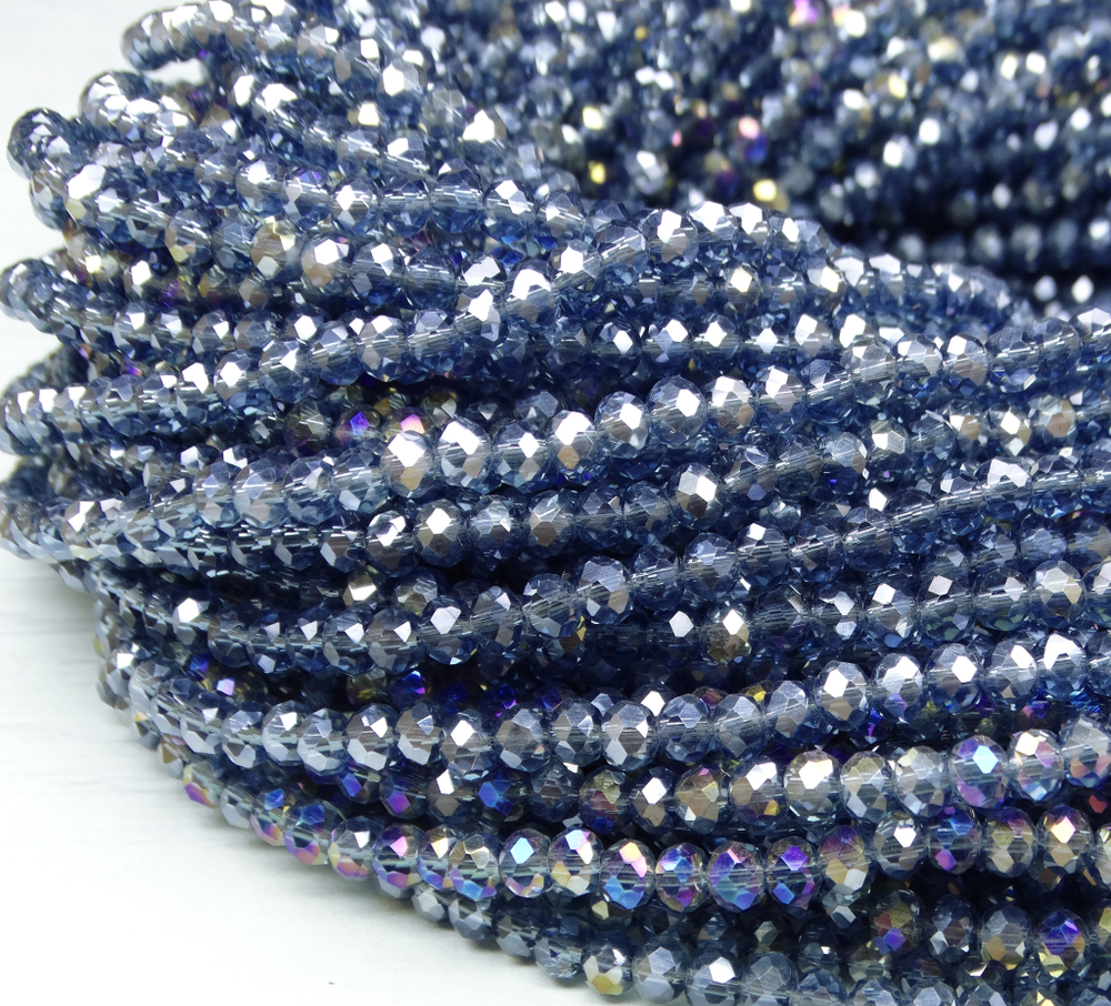 БП026ДС46 Хрустальные бусины "рондель", полуночный синий AB прозрачный, 4х6 мм, кол-во: 58-60 шт.
